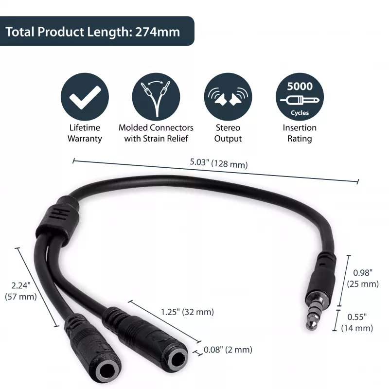 StarTech.com adaptador de auriculares para auriculares con conectores de auricular/micrófono separados – 3,5 mm de 4 polos a 2x 3,5 mm de 3 polos conector macho/hembra