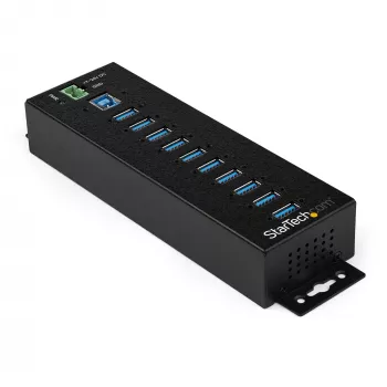 StarTech.com hub USB 3.0 de 10 puertos con fuente de alimentación – hub USB-A industrial de metal con protección ESD y contra sobretensión de 350 W – montaje en carril DIN/pared/mesa – hub USB 3.2 Gen 1 de alta velocidad (5 Gbit/s)