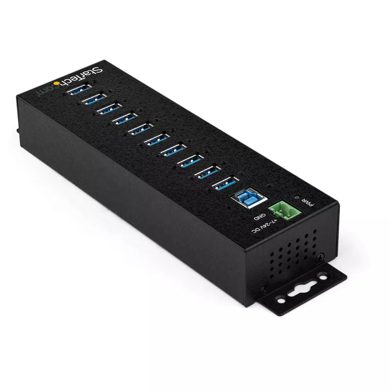 StarTech.com hub USB 3.0 de 10 puertos con fuente de alimentación – hub USB-A industrial de metal con protección ESD y contra sobretensión de 350 W – montaje en carril DIN/pared/mesa – hub USB 3.2 Gen 1 de alta velocidad (5 Gbit/s)