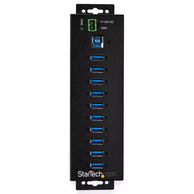 StarTech.com hub USB 3.0 de 10 puertos con fuente de alimentación – hub USB-A industrial de metal con protección ESD y contra sobretensión de 350 W – montaje en carril DIN/pared/mesa – hub USB 3.2 Gen 1 de alta velocidad (5 Gbit/s)