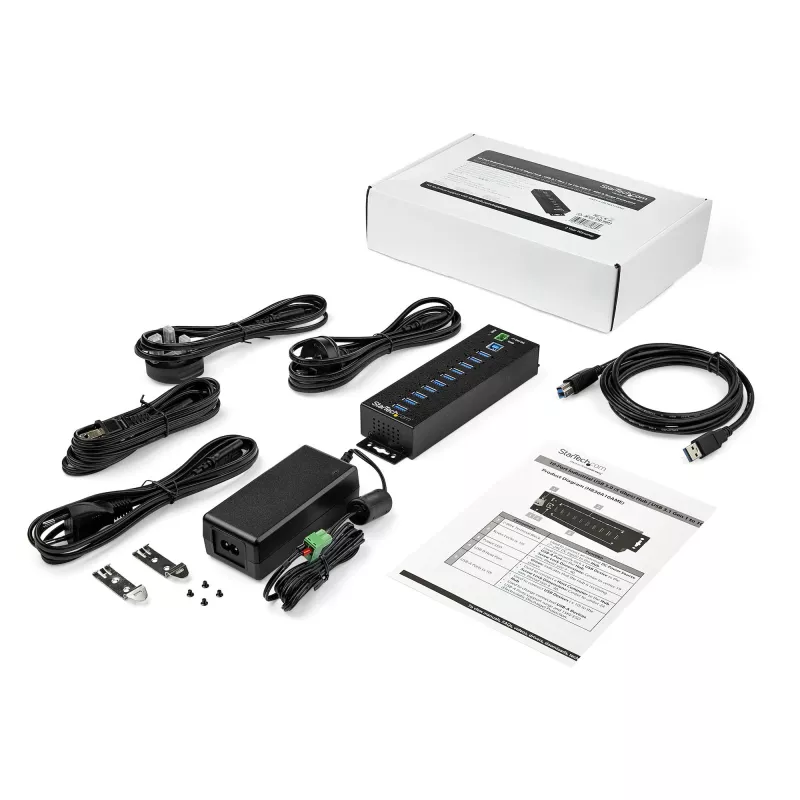 StarTech.com hub USB 3.0 de 10 puertos con fuente de alimentación – hub USB-A industrial de metal con protección ESD y contra sobretensión de 350 W – montaje en carril DIN/pared/mesa – hub USB 3.2 Gen 1 de alta velocidad (5 Gbit/s)