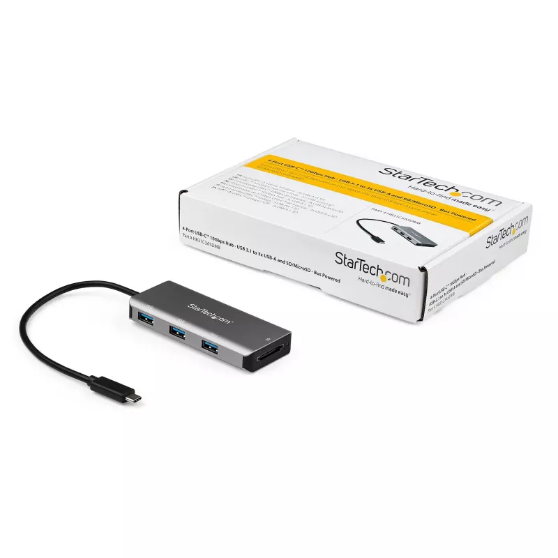 StarTech.com HB31C3ASDMB hub USB-C de 3 puertos con lector de tarjetas SD, 3x USB-A, 10 Gbps, USB 3.1, alimentado por bus, cable de 25 cm, compatible con Thunderbolt 3