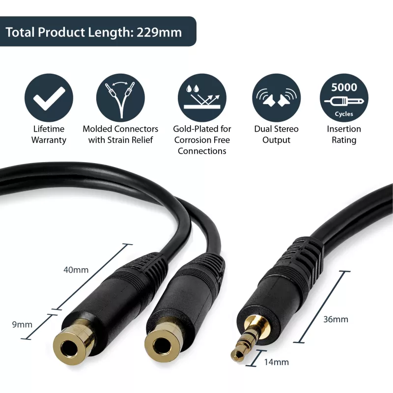 StarTech.com cable divisor estéreo de 15 cm – conector macho de 3,5 mm a 2x conector hembra de 3,5 mm