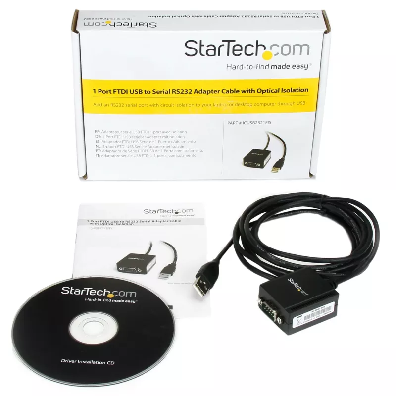 StarTech.com ICUSB2321FIS cable adaptador serie FTDI de USB a RS232 DB9 de 1 puerto, aislado ópticamente, 2,5 m, negro