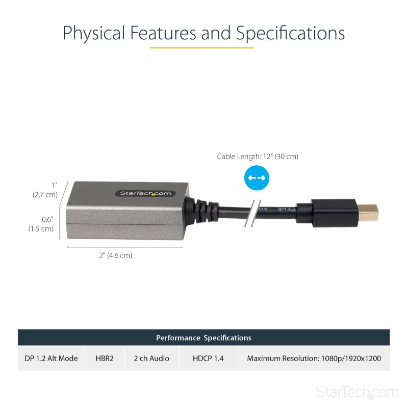 Adaptador StarTech.com Mini DisplayPort a HDMI - adaptador mDP a HDMI - 1080p - Mini DisplayPort 1.2 a monitor/pantalla HDMI - convertidor de vídeo Mini DP a HDMI - cable conectado de 30 cm - versión actualizada de MDP2HDMI