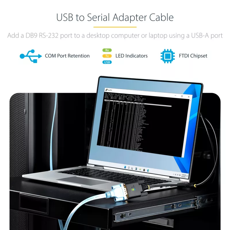 Cable adaptador StarTech.com de 3 m USB a serie, retención de COM, tornillos/tuercas reemplazables, USB-A a DB9 RS232, chip FTDI, protección ESD, Windows/macOS/Linux