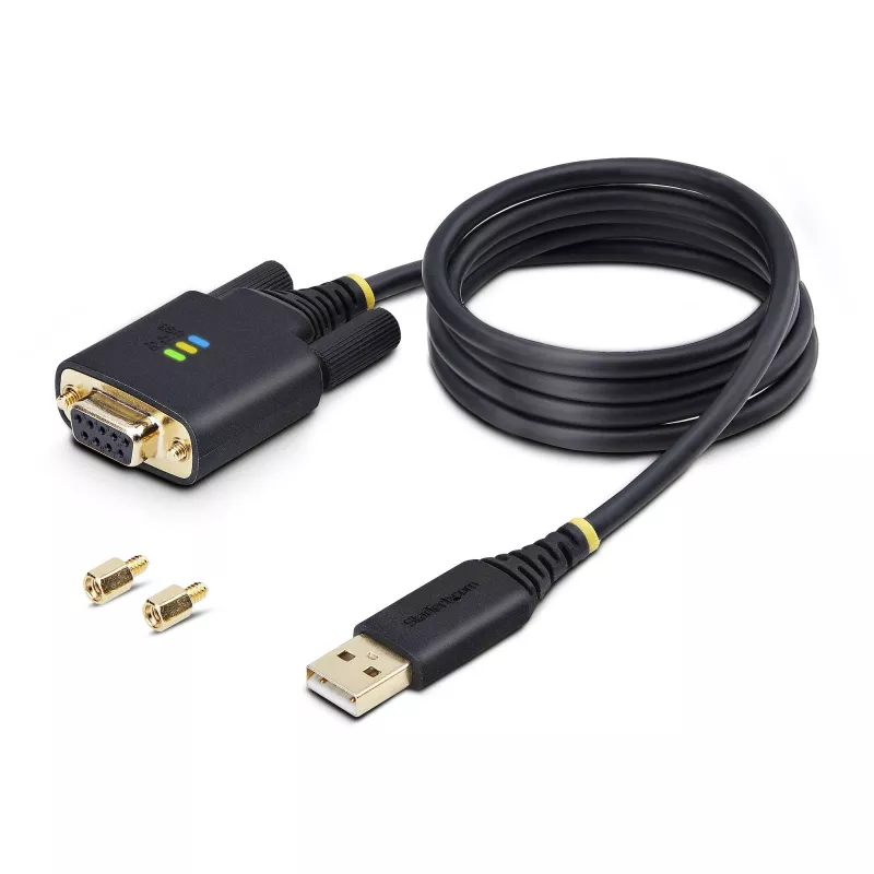 Cable adaptador StarTech.com de 1m USB a serie null modem, tornillos/tuercas DB9 reemplazables, retención de COM, USB-A a RS232, FTDI, protección ESD nivel 4, Windows/macOS/ChromeOS/Linux – construcción robusta en TPE