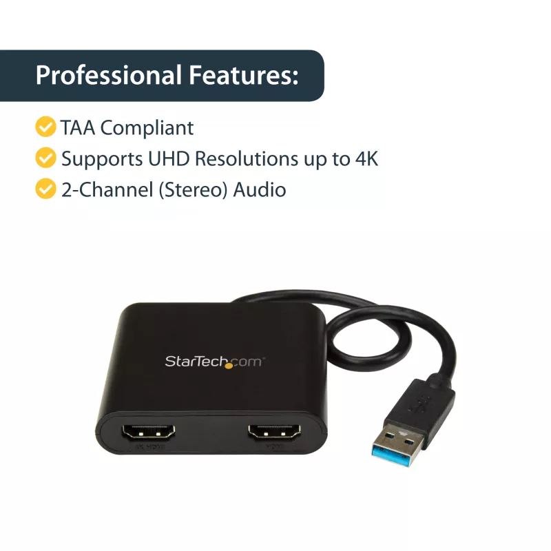StarTech.com Adaptador USB 3.0 a doble HDMI, convertidor USB a 2x monitor HDMI para Windows (sin soporte para macOS/ChromeOS/Linux) - TAA