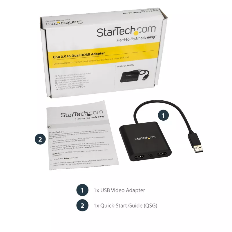 StarTech.com Adaptador USB 3.0 a doble HDMI, convertidor USB a 2x monitor HDMI para Windows (sin soporte para macOS/ChromeOS/Linux) - TAA