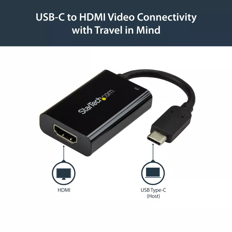 StarTech.com Adaptador USB C a HDMI 2.0 con Power Delivery - Convertidor de vídeo USB Type-C a HDMI 4K 60Hz - Puerto de carga pasante PD de 60W - Compatible con Thunderbolt 3 - Negro