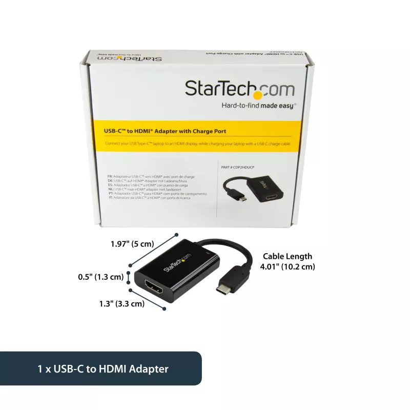 StarTech.com Adaptador USB C a HDMI 2.0 con Power Delivery - Convertidor de vídeo USB Type-C a HDMI 4K 60Hz - Puerto de carga pasante PD de 60W - Compatible con Thunderbolt 3 - Negro