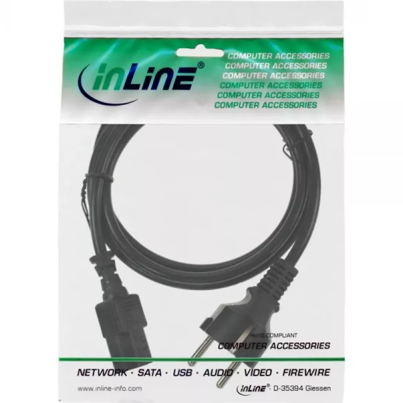 Cable de alimentación InLine, CEE 7/7 recto / conector IEC C13 de 3 polos, negro, 1,5 m