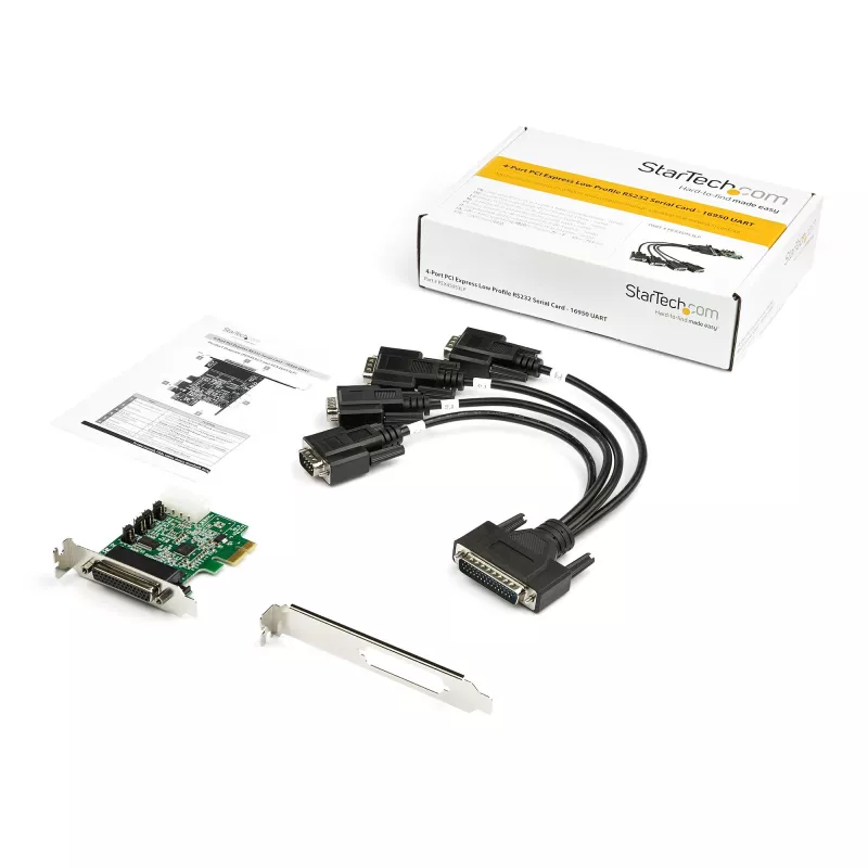StarTech.com Tarjeta adaptadora serie RS232 PCI Express de 4 puertos – Tarjeta controladora host serie RS232 PCIe – PCIe a serie DB9 – UART 16950 – Tarjeta de expansión de perfil bajo – Windows/Linux – TAA