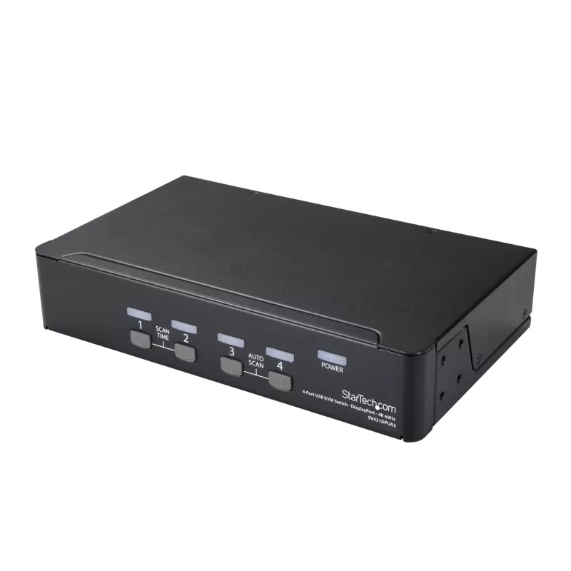StarTech.com Conmutador KVM DisplayPort de 4 puertos – 4K 60 Hz – pantalla única – conmutador KVM USB DP 1.2 UHD de doble puerto con hub USB 2.0 y audio integrados – Dell, HP, Apple, Lenovo – conforme a TAA