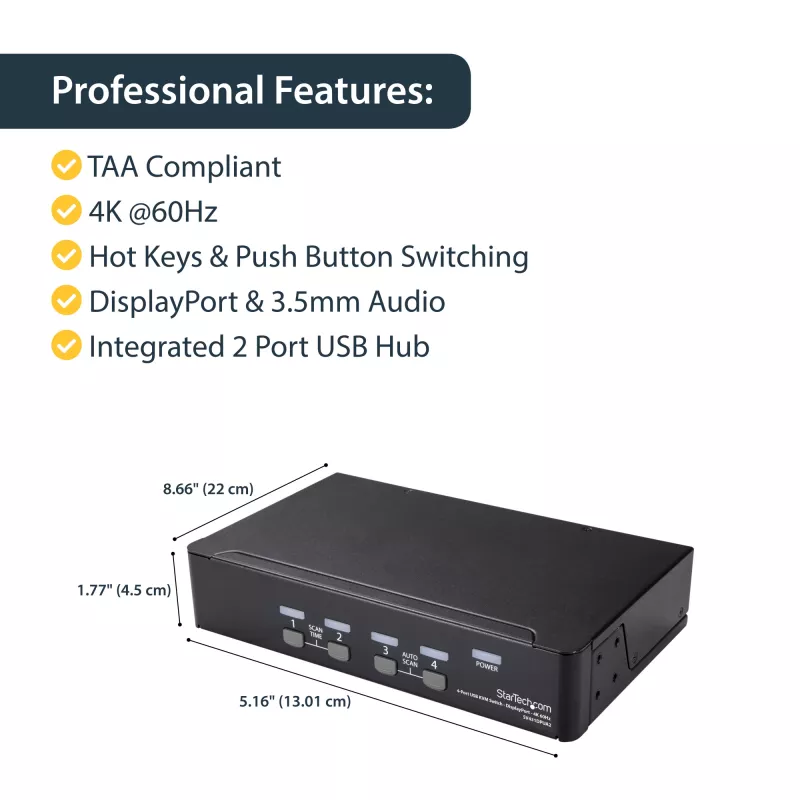 StarTech.com Conmutador KVM DisplayPort de 4 puertos – 4K 60 Hz – pantalla única – conmutador KVM USB DP 1.2 UHD de doble puerto con hub USB 2.0 y audio integrados – Dell, HP, Apple, Lenovo – conforme a TAA