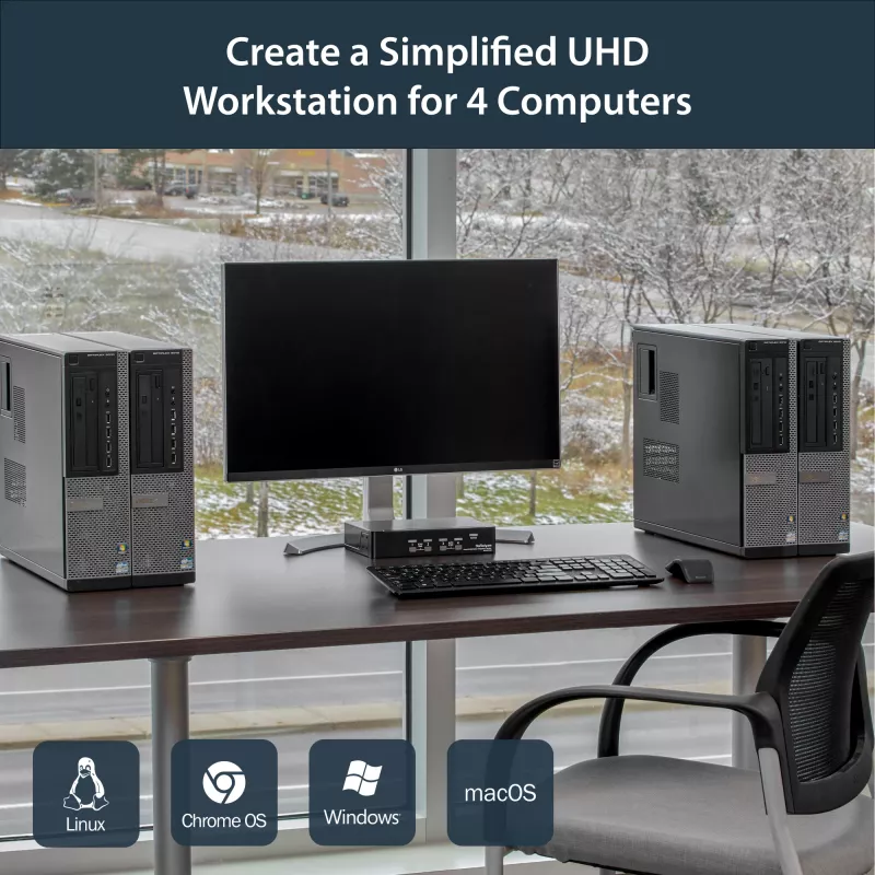 StarTech.com Conmutador KVM DisplayPort de 4 puertos – 4K 60 Hz – pantalla única – conmutador KVM USB DP 1.2 UHD de doble puerto con hub USB 2.0 y audio integrados – Dell, HP, Apple, Lenovo – conforme a TAA