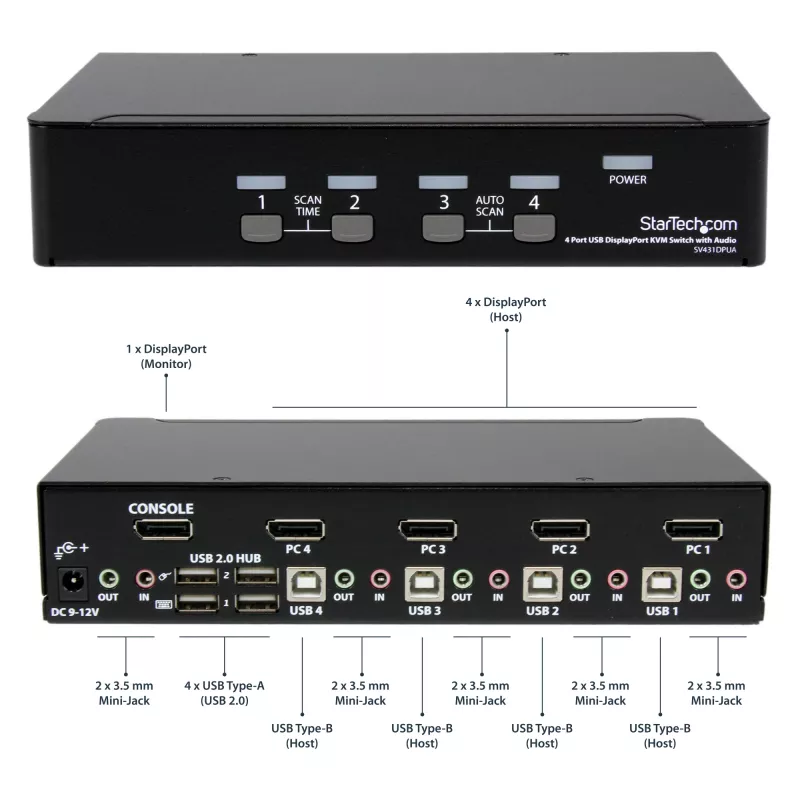 StarTech.com Conmutador KVM DisplayPort de 4 puertos – 4K 60 Hz – pantalla única – conmutador KVM USB DP 1.2 UHD de doble puerto con hub USB 2.0 y audio integrados – Dell, HP, Apple, Lenovo – conforme a TAA