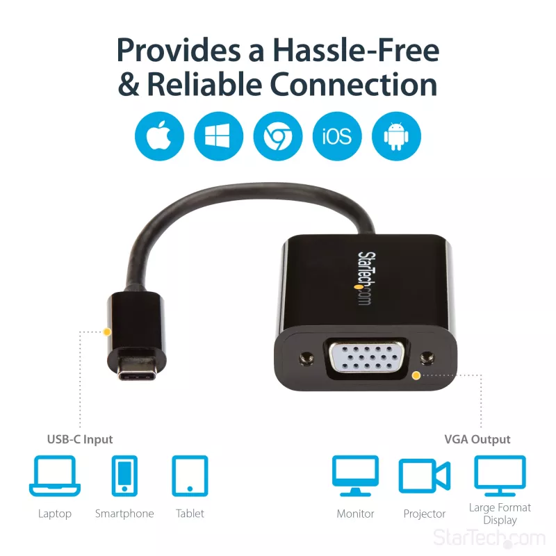 StarTech.com Adaptador USB-C a VGA - negro - 1080p - convertidor de vídeo para tu MacBook Pro - dongle de pantalla USB C a VGA - la versión actualizada es CDP2VGAEC