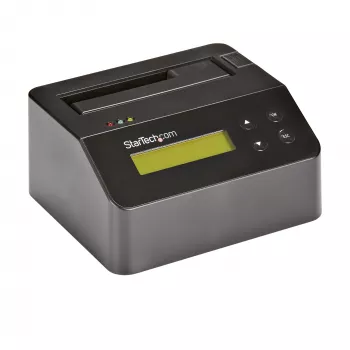 StarTech.com Borrador de discos de una bahía, desinfectador de HDD/SSD independiente, USB 3.0 a SATA II (3 Gbit/s), 9 modos de borrado, pantalla LCD, base desinfectadora de discos con borrado seguro, puerto de impresora DB-9, conforme a TAA