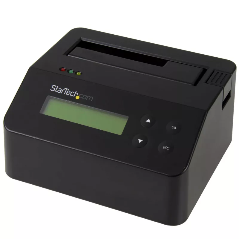 StarTech.com Borrador de discos de una bahía, desinfectador de HDD/SSD independiente, USB 3.0 a SATA II (3 Gbit/s), 9 modos de borrado, pantalla LCD, base desinfectadora de discos con borrado seguro, puerto de impresora DB-9, conforme a TAA