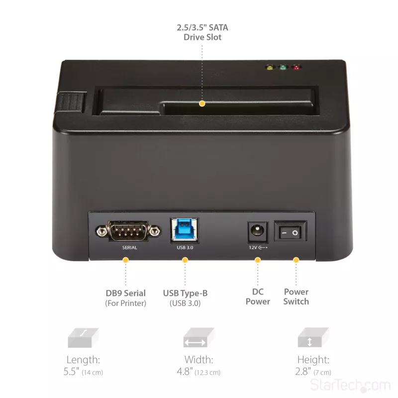 StarTech.com Borrador de discos de una bahía, desinfectador de HDD/SSD independiente, USB 3.0 a SATA II (3 Gbit/s), 9 modos de borrado, pantalla LCD, base desinfectadora de discos con borrado seguro, puerto de impresora DB-9, conforme a TAA