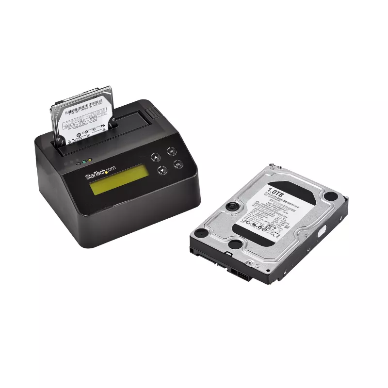 StarTech.com Borrador de discos de una bahía, desinfectador de HDD/SSD independiente, USB 3.0 a SATA II (3 Gbit/s), 9 modos de borrado, pantalla LCD, base desinfectadora de discos con borrado seguro, puerto de impresora DB-9, conforme a TAA