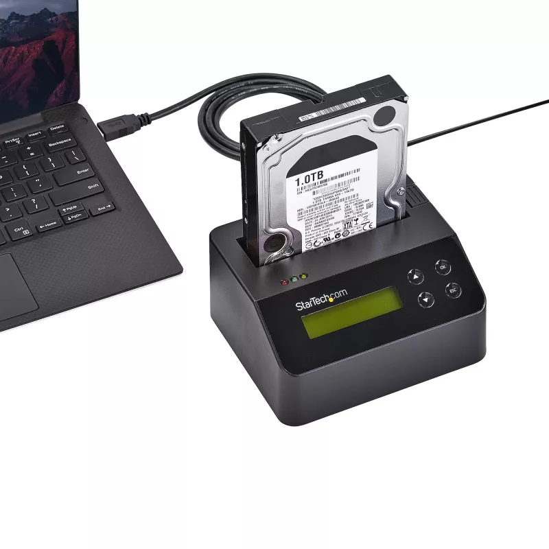 StarTech.com Borrador de discos de una bahía, desinfectador de HDD/SSD independiente, USB 3.0 a SATA II (3 Gbit/s), 9 modos de borrado, pantalla LCD, base desinfectadora de discos con borrado seguro, puerto de impresora DB-9, conforme a TAA