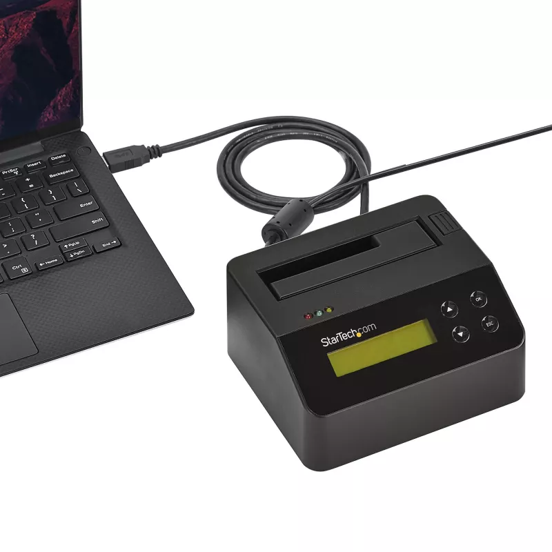 StarTech.com Borrador de discos de una bahía, desinfectador de HDD/SSD independiente, USB 3.0 a SATA II (3 Gbit/s), 9 modos de borrado, pantalla LCD, base desinfectadora de discos con borrado seguro, puerto de impresora DB-9, conforme a TAA