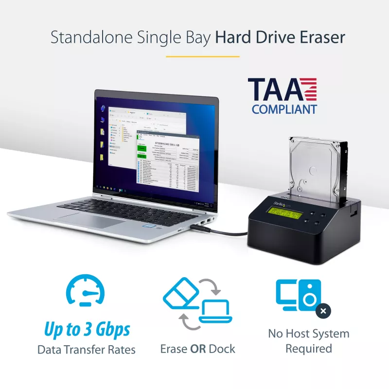 StarTech.com Borrador de discos de una bahía, desinfectador de HDD/SSD independiente, USB 3.0 a SATA II (3 Gbit/s), 9 modos de borrado, pantalla LCD, base desinfectadora de discos con borrado seguro, puerto de impresora DB-9, conforme a TAA