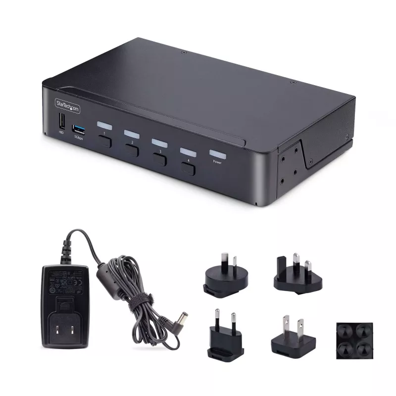 StarTech.com Switch KVM DisplayPort de 4 puertos, 8K 60Hz / 4K 144Hz, pantalla única, DP 1.4, 2 puertos USB 3.0, 4 puertos USB 2.0 HID, conmutación por botón y tecla de acceso rápido, conforme a TAA - independiente del sistema operativo, carcasa de metal