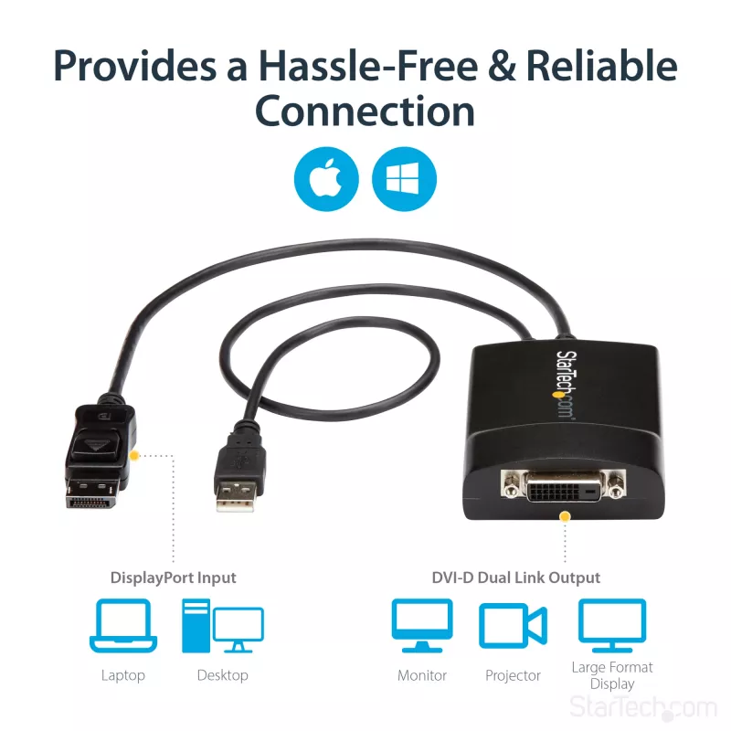 StarTech.com Adaptador activo DisplayPort a DVI Dual Link - Adaptador convertidor de vídeo DisplayPort a DVI-D 2560x1600 60Hz - DP 1.2 a monitor DVI - Alimentación por USB - Conector DP con bloqueo