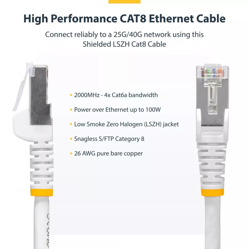 StarTech.com Cable Ethernet CAT8 blanco de 50 cm, RJ45 sin lengüeta, 25G/40G, 2000 MHz, 100 W PoE++, S/FTP, cable de cobre desnudo puro 26AWG, LSZH, cable de red patch apantallado con alivio de tensión, probado individualmente