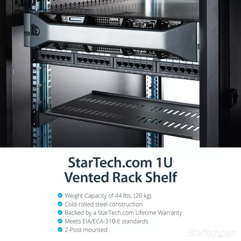 Bandeja para rack de servidor 1U StarTech.com – bandeja universal ventilada para montaje en rack de 19 pulgadas para armario y caja de red – acero resistente – capacidad de carga 20 kg – bandeja de 10 pulgadas de profundidad, negra