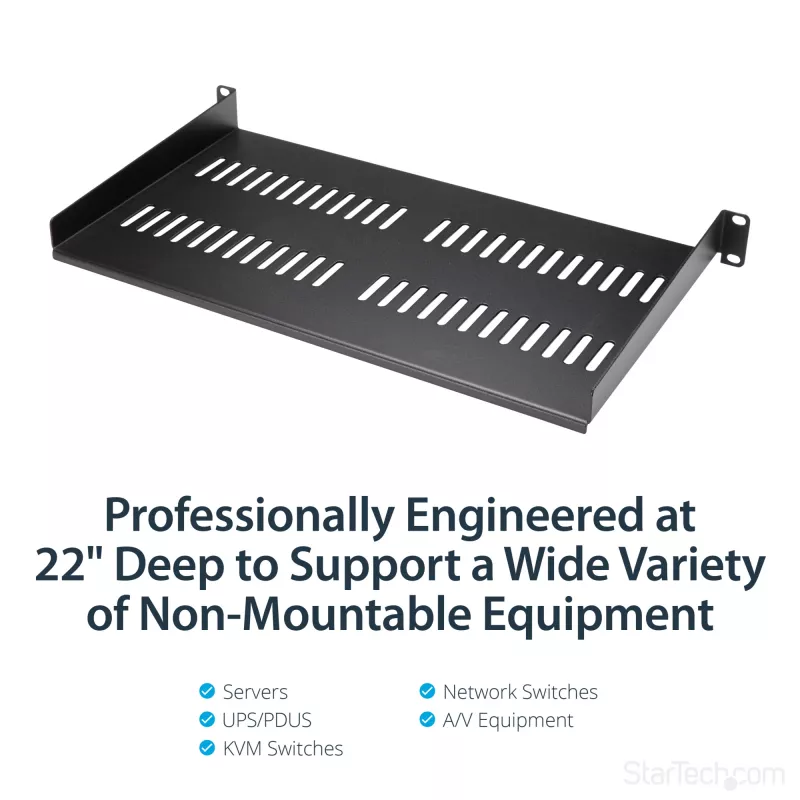Bandeja para rack de servidor 1U StarTech.com – bandeja universal ventilada para montaje en rack de 19 pulgadas para armario y caja de red – acero resistente – capacidad de carga 20 kg – bandeja de 10 pulgadas de profundidad, negra