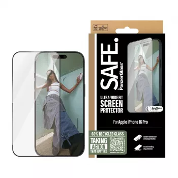 Protector de pantalla PanzerGlass SAFE. by ® con marco negro iPhone 16 Pro | Ultra-Wide Fit