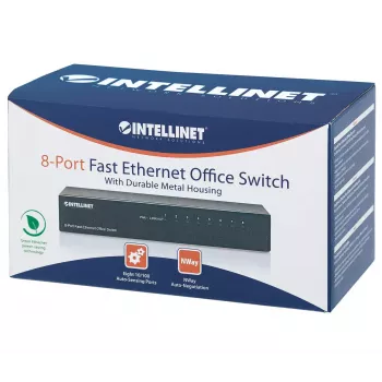 Switch de oficina Fast Ethernet de 8 puertos Intellinet, tamaño sobremesa, metal, IEEE 802.3az (Ethernet de bajo consumo), caja