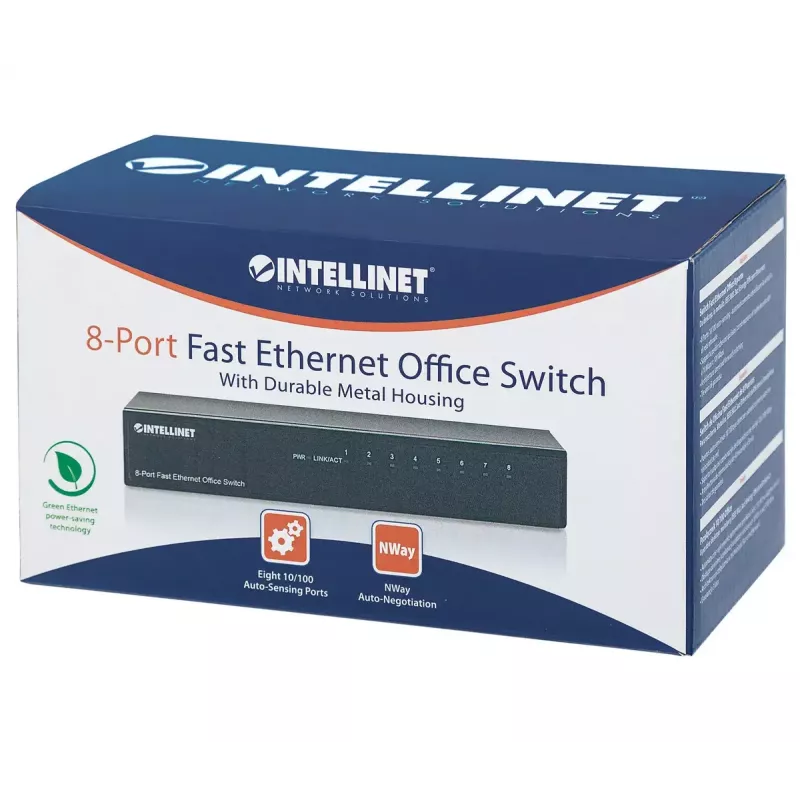 Switch de oficina Fast Ethernet de 8 puertos Intellinet, tamaño sobremesa, metal, IEEE 802.3az (Ethernet de bajo consumo), caja