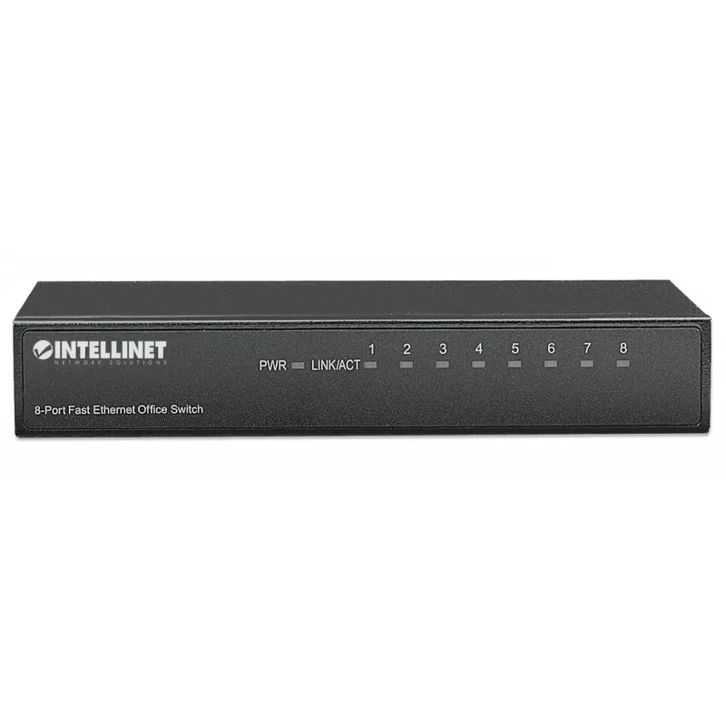 Switch de oficina Fast Ethernet de 8 puertos Intellinet, tamaño sobremesa, metal, IEEE 802.3az (Ethernet de bajo consumo), caja