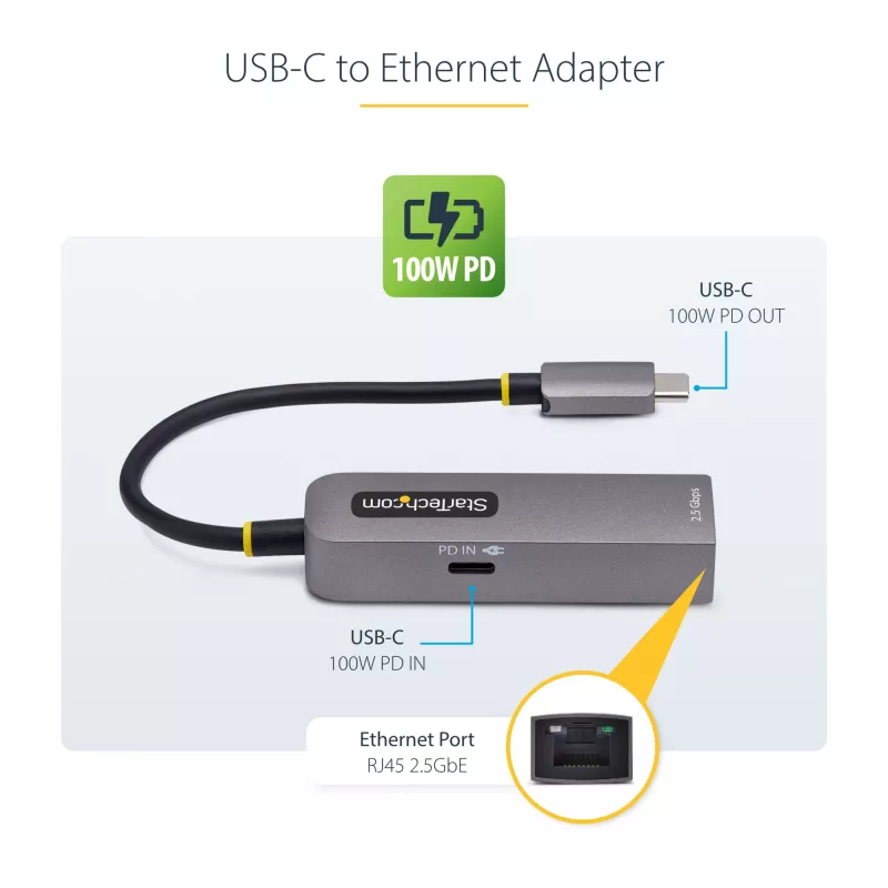 Adaptador USB-C a Ethernet 2.5GbE StarTech.com, 100W PD Passthrough, NIC NBASE-T, red multi-velocidad USB 3.0 Type-C 2.5/1G, compatible con Thunderbolt, Windows y Mac