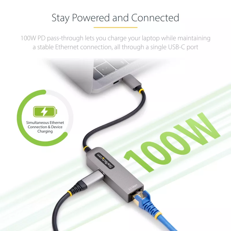 Adaptador USB-C a Ethernet 2.5GbE StarTech.com, 100W PD Passthrough, NIC NBASE-T, red multi-velocidad USB 3.0 Type-C 2.5/1G, compatible con Thunderbolt, Windows y Mac