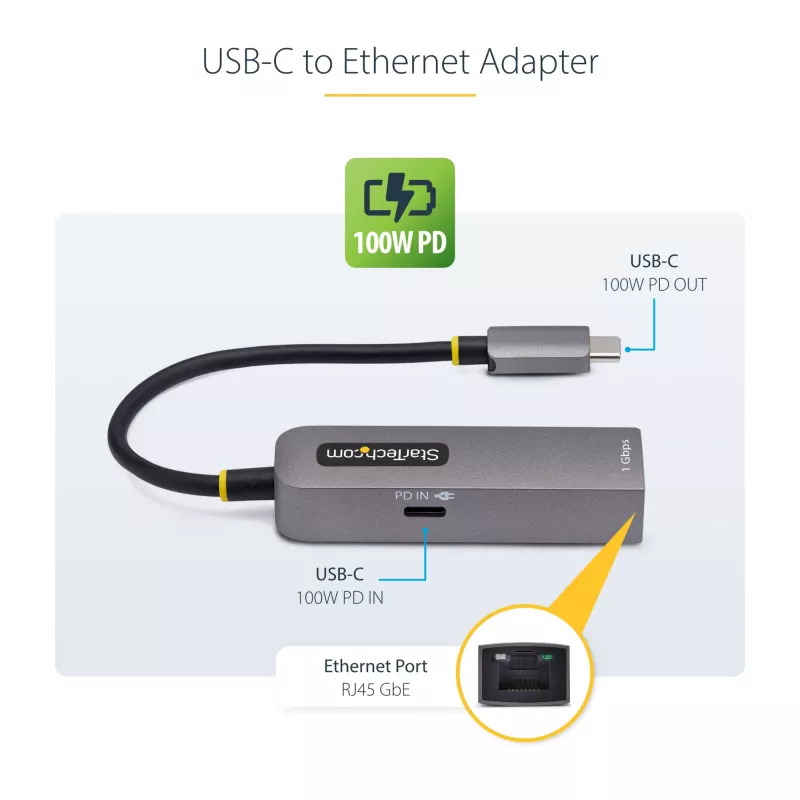 Adaptador USB-C a Ethernet StarTech.com, NIC, 100W PD Passthrough, adaptador de red multi-velocidad USB 3.0 Type-C 1 Gbit/s, compatible con Thunderbolt, Windows y Mac