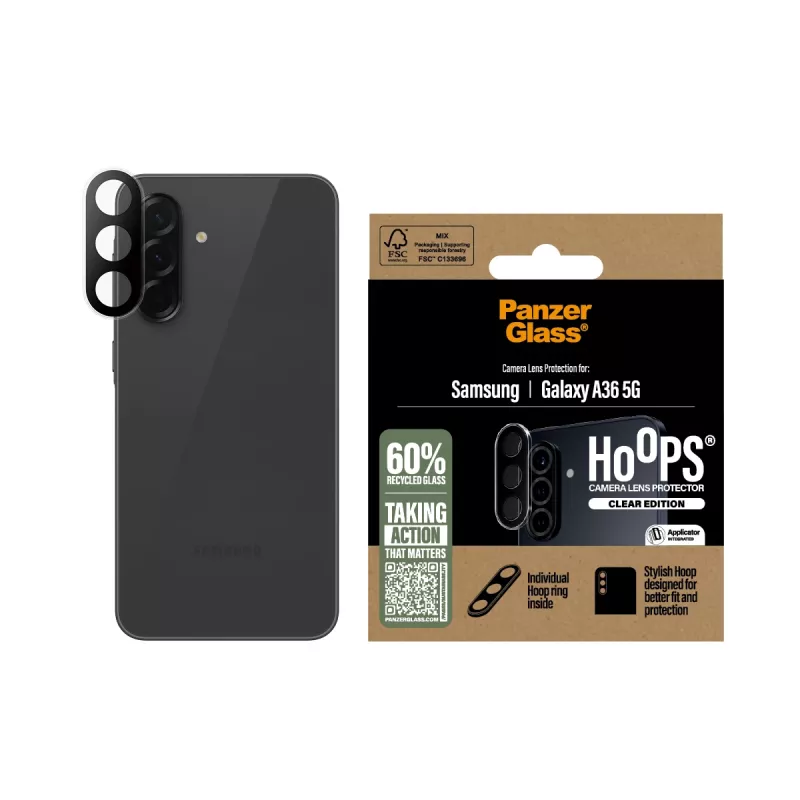 Protector de cristal de cámara PanzerGlass Samsung Galaxy A36 5G resistente a arañazos y golpes