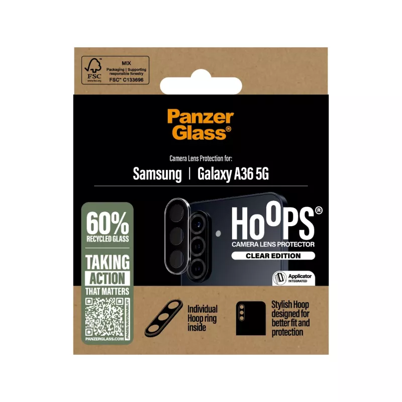Protector de cristal de cámara PanzerGlass Samsung Galaxy A36 5G resistente a arañazos y golpes