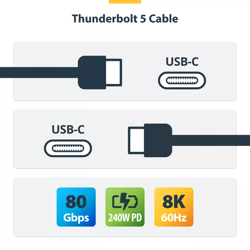 StarTech.com cable Thunderbolt 5 de 2.6ft (80cm), 80 Gbit/s/ hasta 120 Gbit/s, 240 W PD, 8K 60 Hz, cable Thunderbolt certificado – compatible con Thunderbolt 4/USB4/USB-C