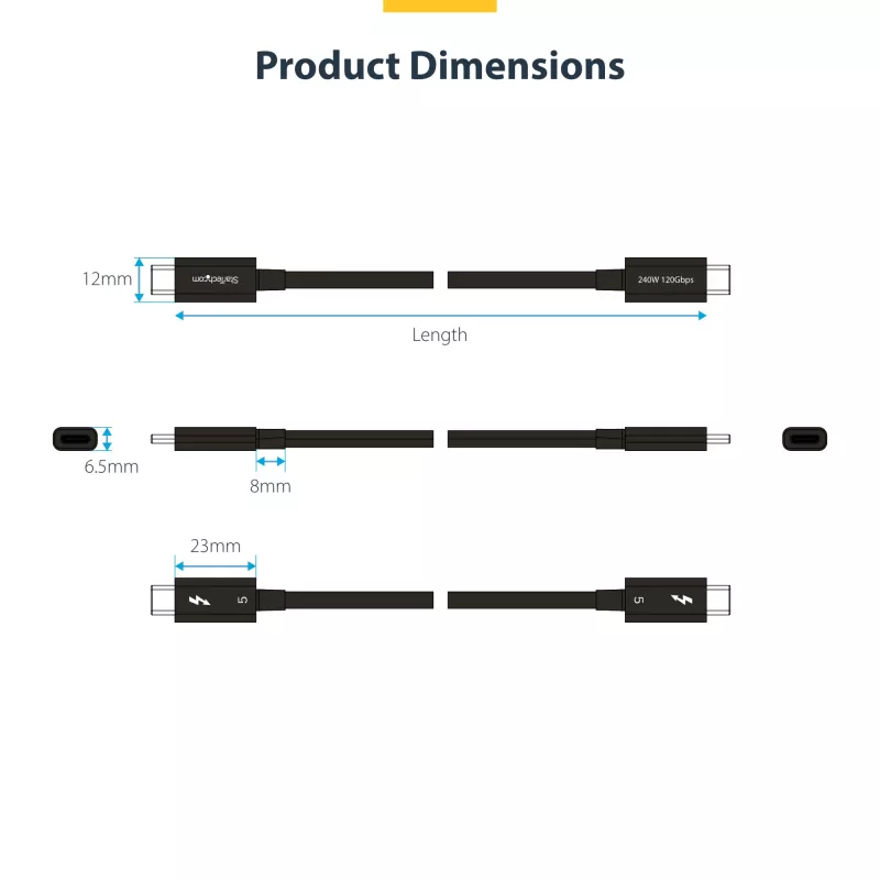 StarTech.com cable Thunderbolt 5 de 2.6ft (80cm), 80 Gbit/s/ hasta 120 Gbit/s, 240 W PD, 8K 60 Hz, cable Thunderbolt certificado – compatible con Thunderbolt 4/USB4/USB-C