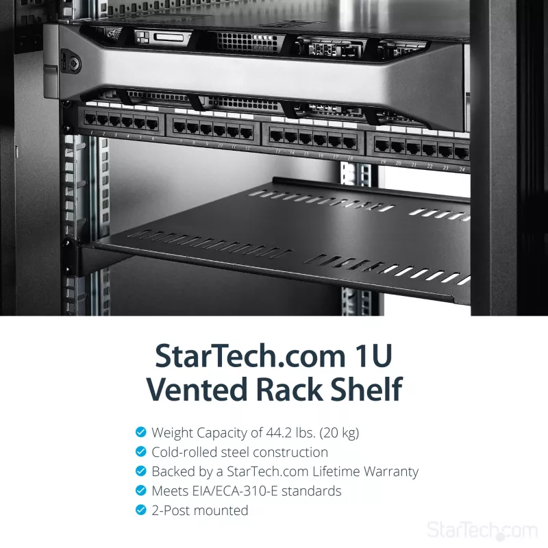 StarTech.com bandeja para rack de servidor 1U – bandeja en voladizo universal ventilada para rack y armario de equipos de red de 19 pulgadas – acero de alta resistencia – capacidad de carga 44lb/20kg – bandeja de 16 pulgadas de profundidad, negro