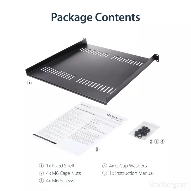 StarTech.com bandeja para rack de servidor 1U – bandeja en voladizo universal ventilada para rack y armario de equipos de red de 19 pulgadas – acero de alta resistencia – capacidad de carga 44lb/20kg – bandeja de 16 pulgadas de profundidad, negro