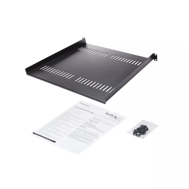 StarTech.com bandeja para rack de servidor 1U – bandeja en voladizo universal ventilada para rack y armario de equipos de red de 19 pulgadas – acero de alta resistencia – capacidad de carga 44lb/20kg – bandeja de 16 pulgadas de profundidad, negro