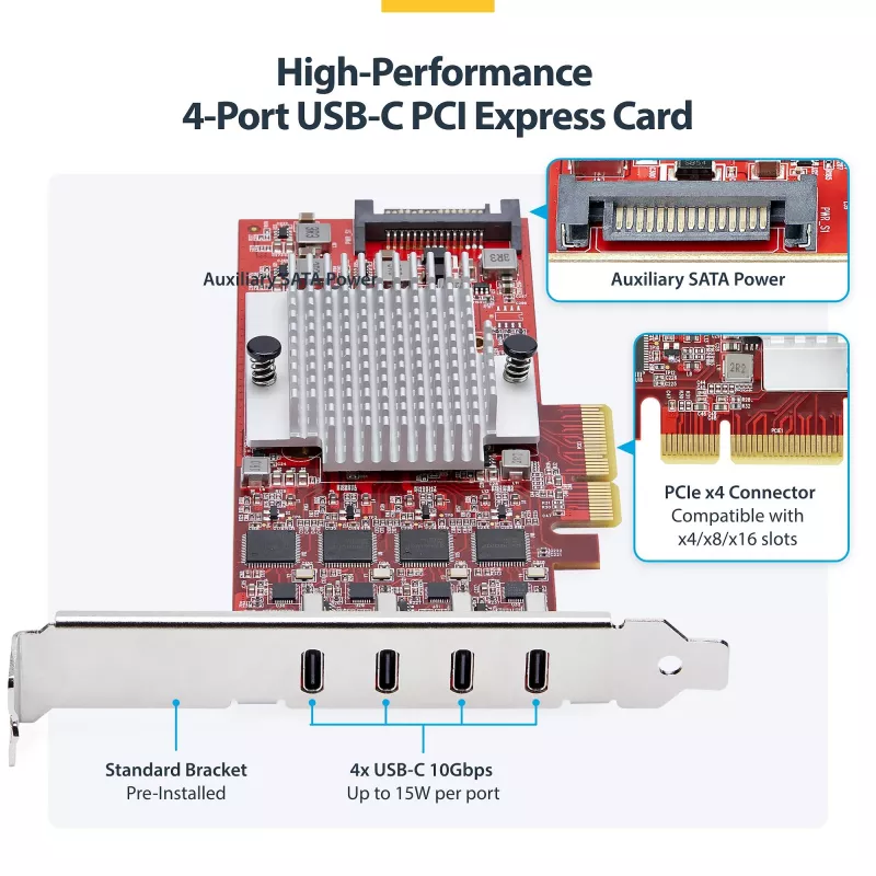 StarTech.com tarjeta PCIe USB Type-C de 4 puertos, USB 3.2 10Gbps, tarjeta de expansión USB-C PCI Express, 4 controladores USB independientes, Windows/Linux/macOS, conforme TAA