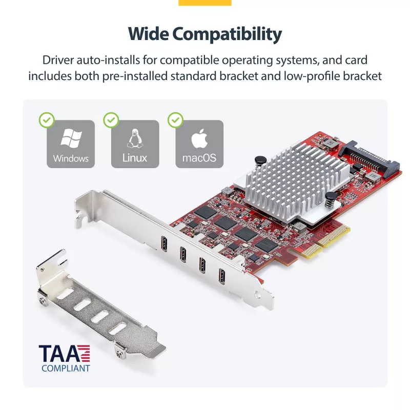 StarTech.com tarjeta PCIe USB Type-C de 4 puertos, USB 3.2 10Gbps, tarjeta de expansión USB-C PCI Express, 4 controladores USB independientes, Windows/Linux/macOS, conforme TAA